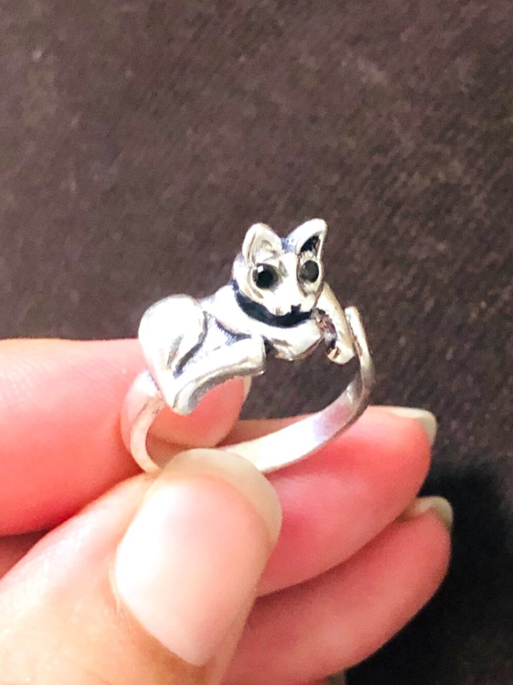 Cat Ring in Silver Tone Brass with Black Glass Stone Eyes Animal Jewelry Size 7